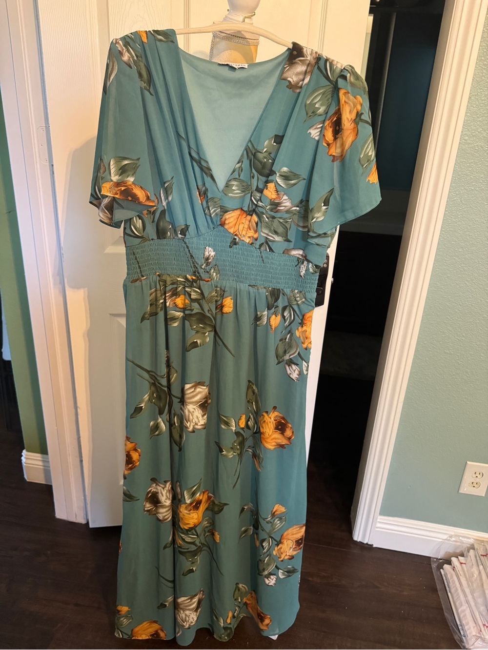 Baltic Born Teal Orange Floral Smocked Waist Maxi Dress 1XL